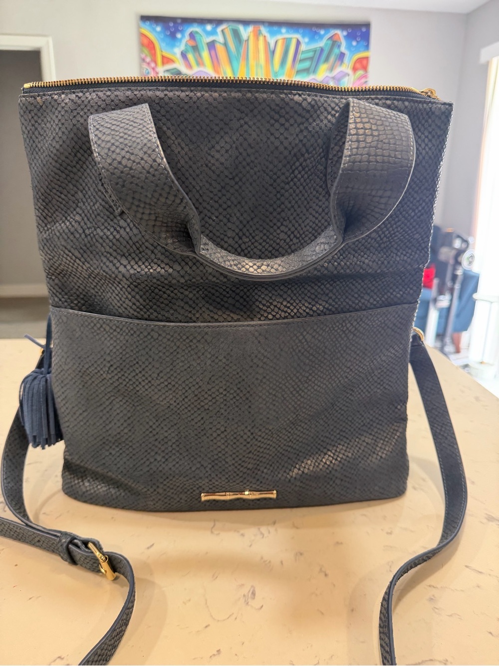 Women’s tote bag folding -RARE Elaine Turner “Jax” Python- Emobossed Blue Suede